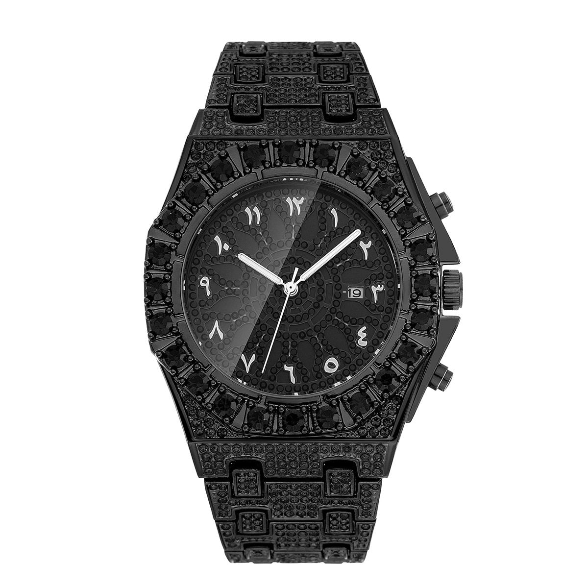 Men's Iced Out Gold Watch | Full Diamond CZ Arabic Numeral Dial | Luxury Hip Hop Skeleton Bezel | Bling Rapper Watch with Date | UAE
