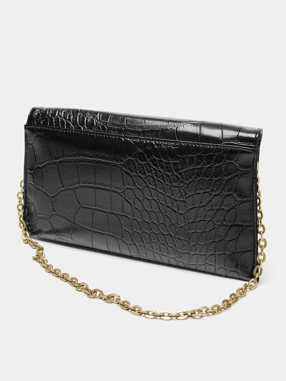 ZARA Schwarze Schultertasche mit Krokodilprägung – Glänzende Überschlagtasche mit Krokodilmuster | Minimalistische Umhängetasche im Envelope-Stil