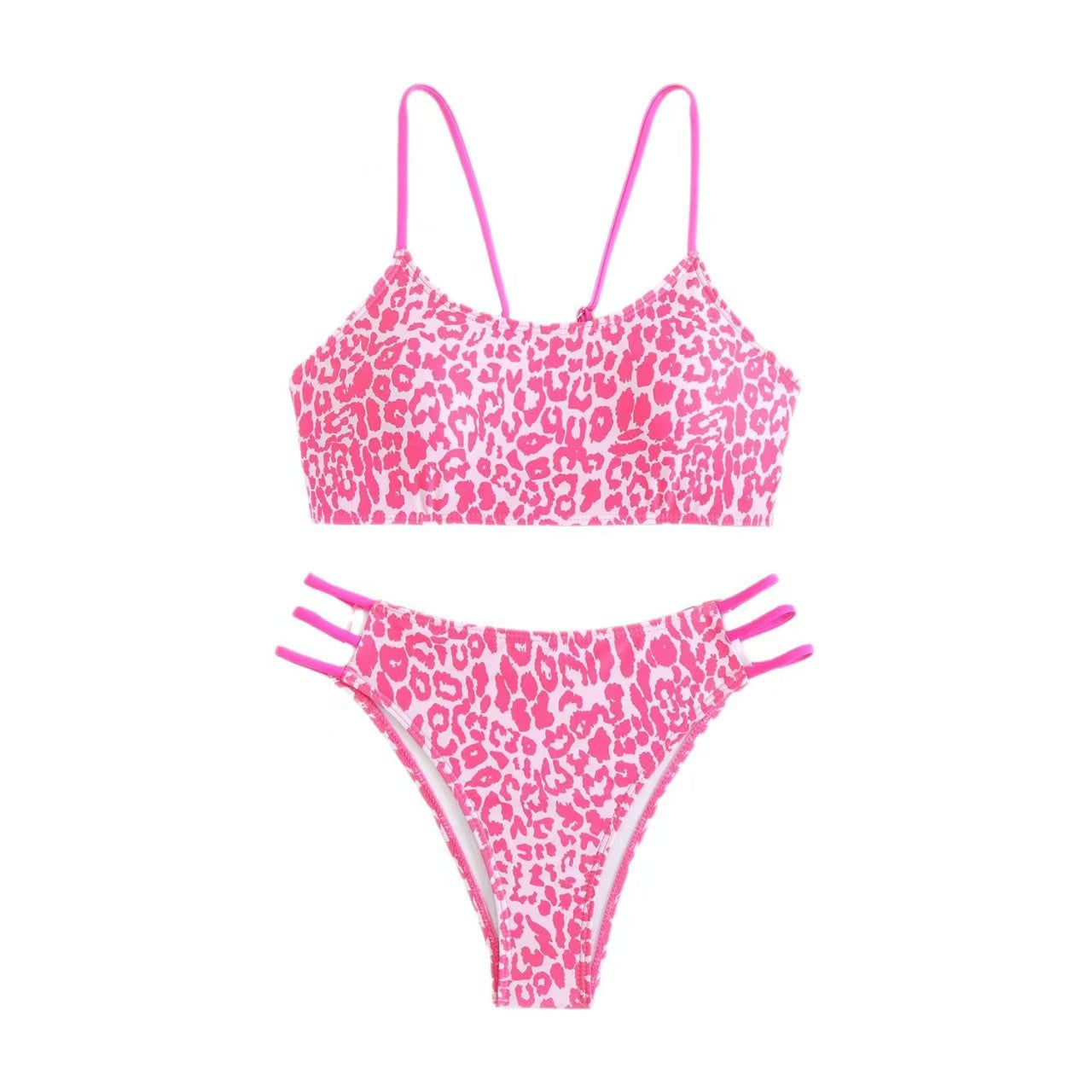 Leopard Print Neon Pink Strap Bikini Set, Crop Top & Triple Strap Cheeky Bottom, Women Animal Print Color Block Swimwear, Bold Beach Swimsuit, Black Tan Hot Pink Two Piece Bathing Suit