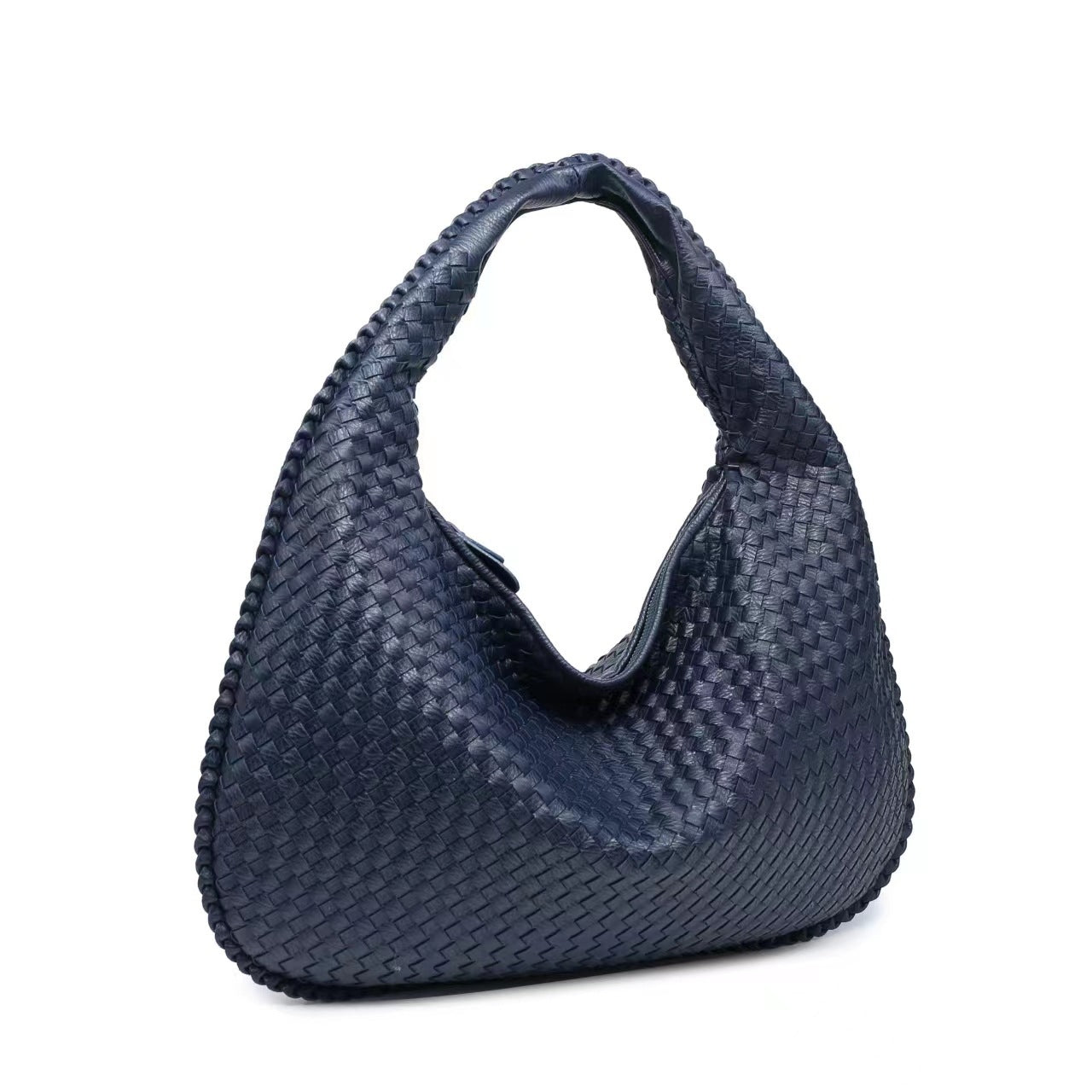 Black Woven Leather Hobo Bag Intrecciato Style Large Shoulder Tote Zip Closure | Women Luxury Designer Inspired Handwoven Handbag Everyday Casual Purse