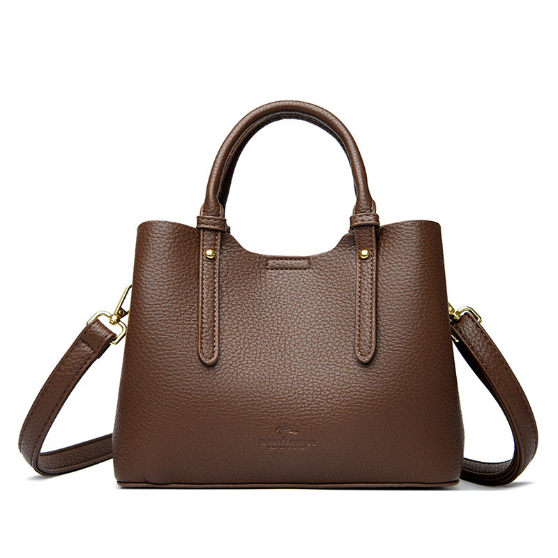 Taupe Pebbled Leather Satchel Bag - Structured Top Handle Tote with Crossbody Strap | Women's Professional Handbag with Gold Hardware