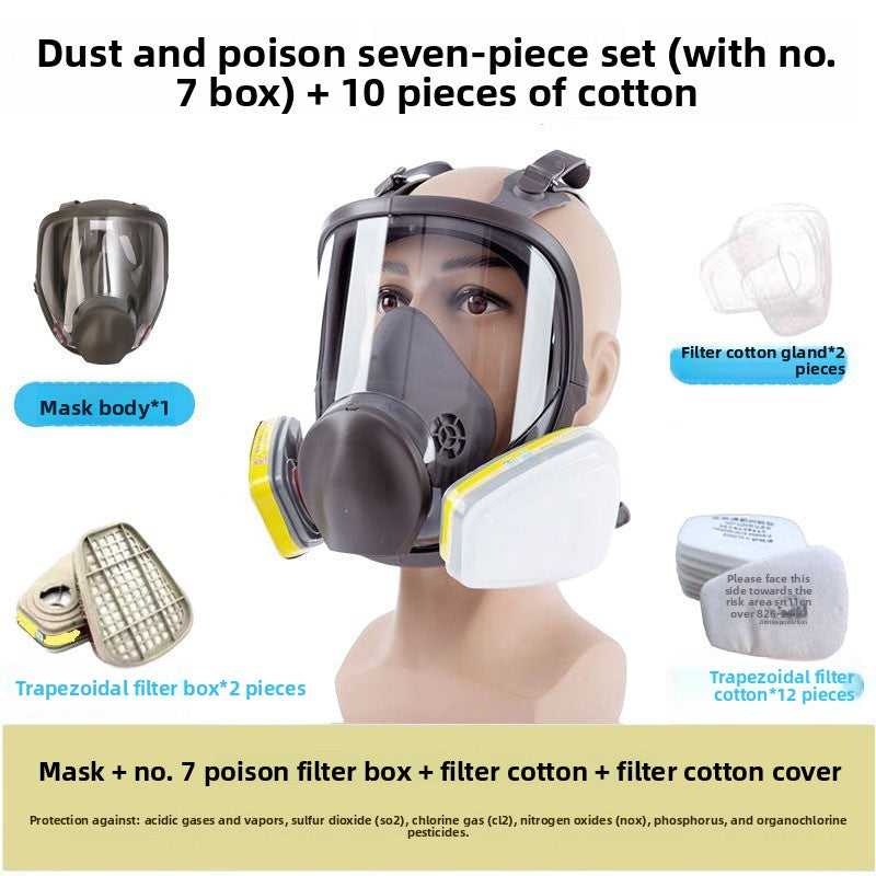 Full Face Respirator Gas Mask 7-Piece Set with No.3 Filter Box & 10 Filter Cotton | Industrial Chemical Protection Mask