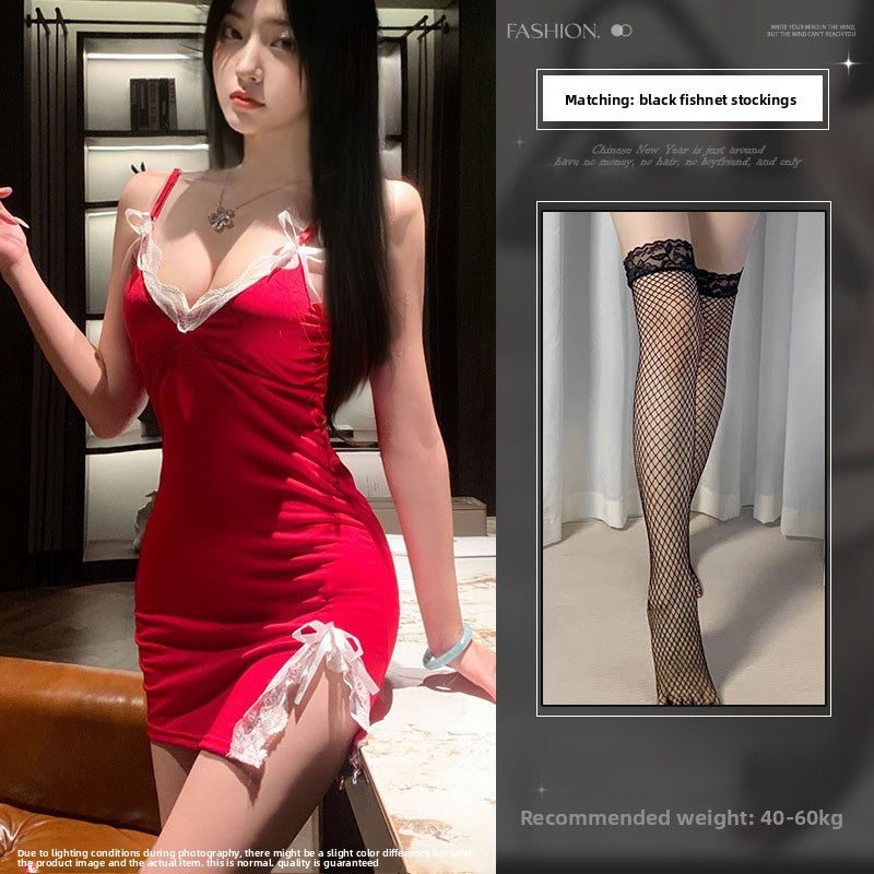 Women's Red Satin White Lace Trim Mini Nightgown Sexy Open Bust Side Bow Ribbon Sleepwear Chemise Lingerie Dress