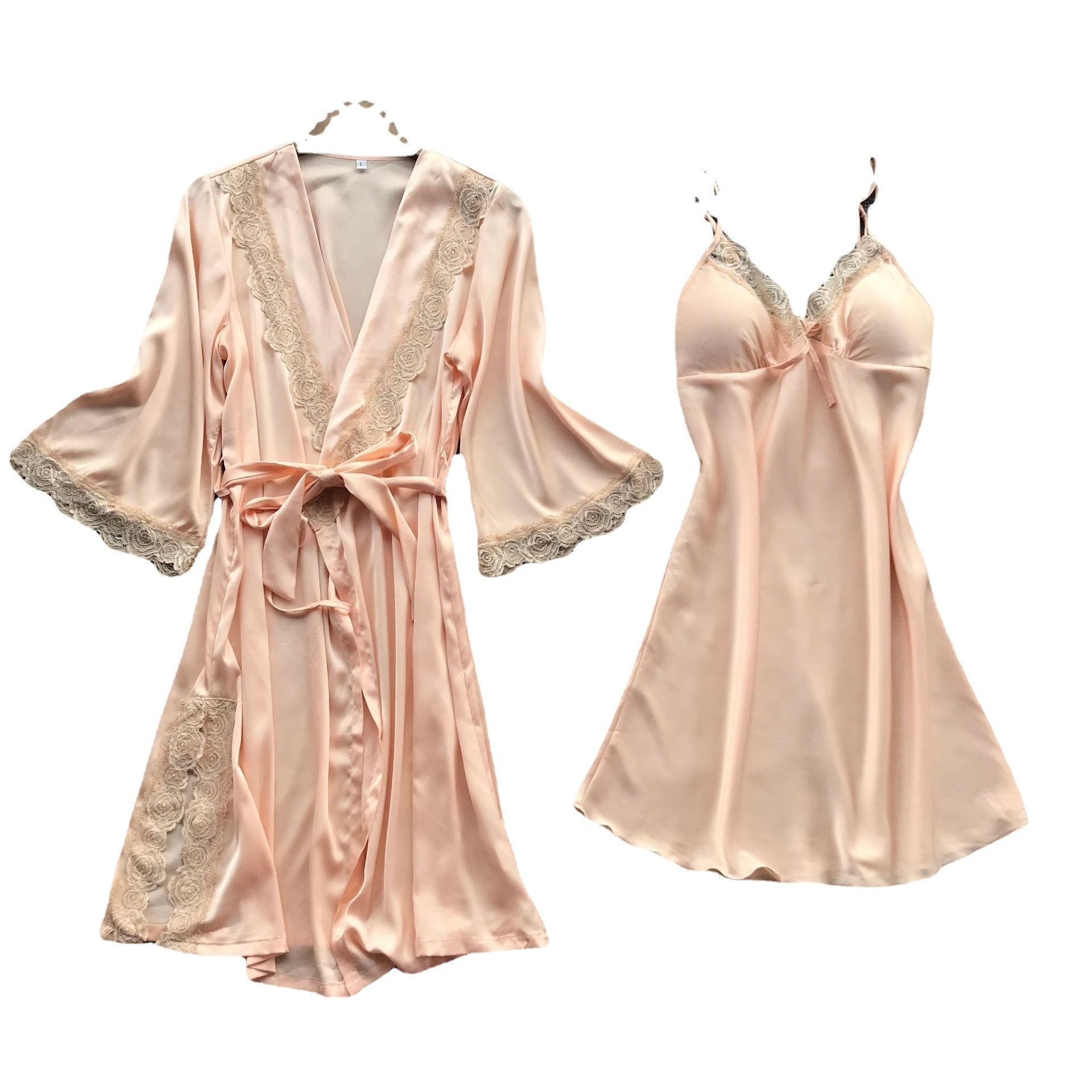 Women's Gray Satin Rose Lace Trim Robe & Slip Nightgown Set ? Luxury 2-Piece Bridal Sleepwear Set