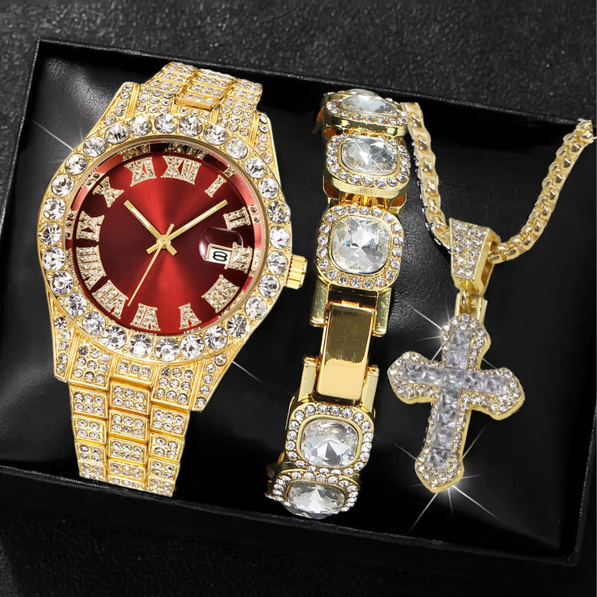 Men's Iced Out Green Emerald Watch Bracelet & Cross Necklace Set | Gold CZ Diamond Hip Hop Jewelry Gift Box