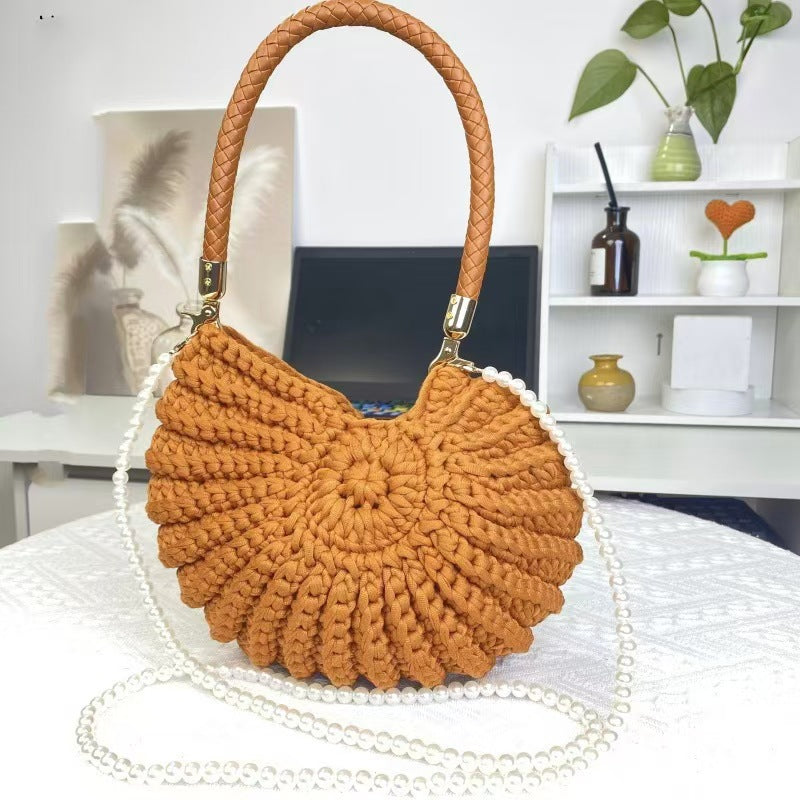 Handmade Crochet Knit Handbag | Boho Round Top Handle Bag with Pearl Strap ? Multiple Colors