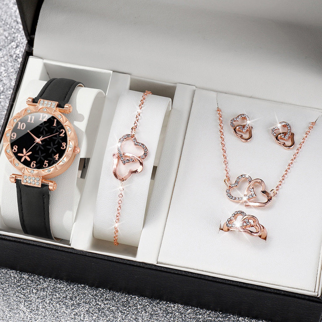 Women's Rose Gold Diamond Watch & Pearl Jewellery Gift Set | 6 Piece White Leather Strap Watch Necklace Earring Bracelet Ring Set