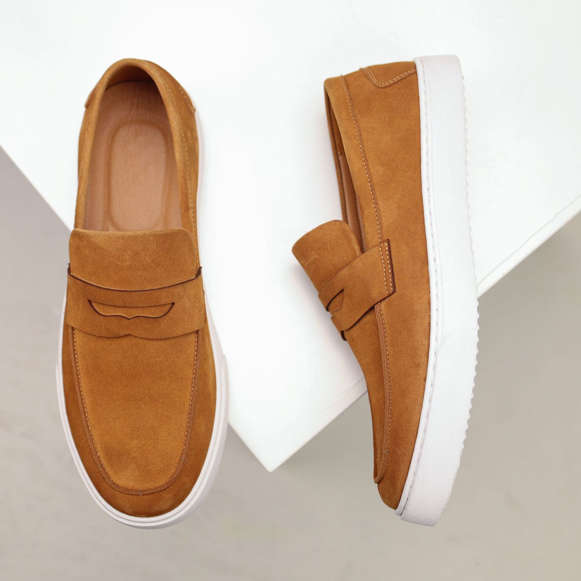 Men's Genuine Suede Leather Penny Loafers | Platform Slip-On Shoes | Tan Brown