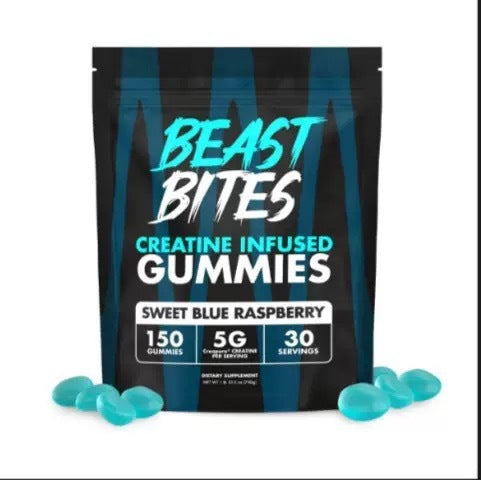 Beast Bites Creatine Infused Gummies Sweet Blue Raspberry | 5g Creatine per Serving | 150 Gummies 30 Servings