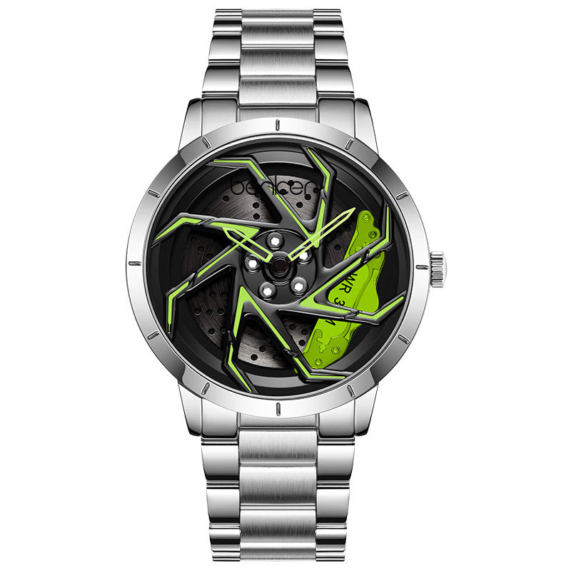 Bodeer Spinning Rim Watch Men | 3D Red Turbine Wheel Dial | Silver Stainless Steel Bracelet | Racing Car Enthusiast Watch