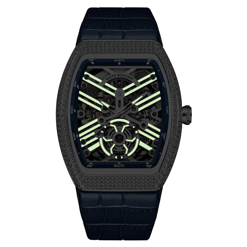 Iced Out Tonneau Skeleton Men's Watch | Diamond Pave Bezel Black Dial Circuit Movement Compass Leather Strap Luxury Timepiece