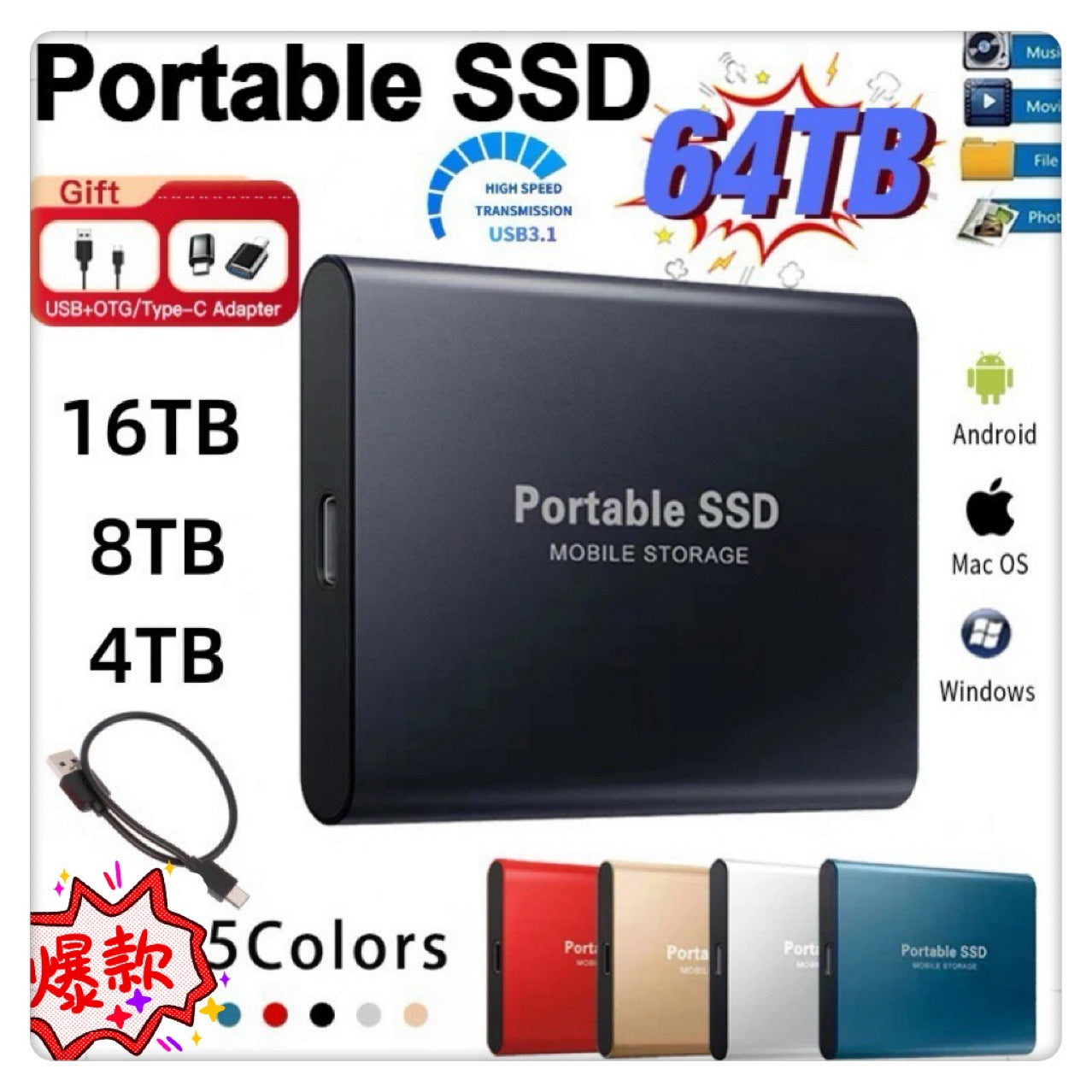 Portable SSD Mobile Storage Drive | Ultra-Slim USB-C External Solid State Drive | High-Speed Data Transfer for PC, Mac, Laptop & Smartphone