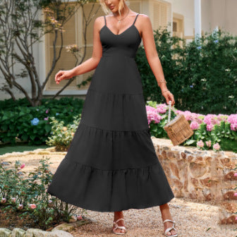 Abito lungo bianco da donna con fiocco sul retro | Vestito estivo a balze con scollo all'americana e schiena scoperta | Elegante abito da invitata per matrimonio estivo senza schienale