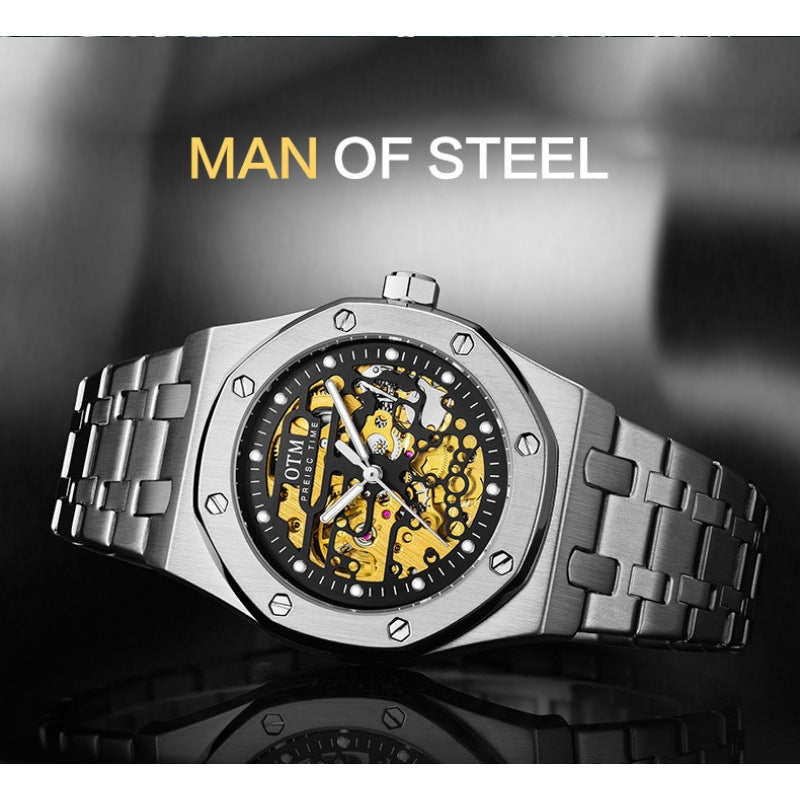 OTM Preisc Time Men's Skeleton Automatic Watch | Silver Octagonal Case Gold Movement 30M Waterproof Royal Oak Style