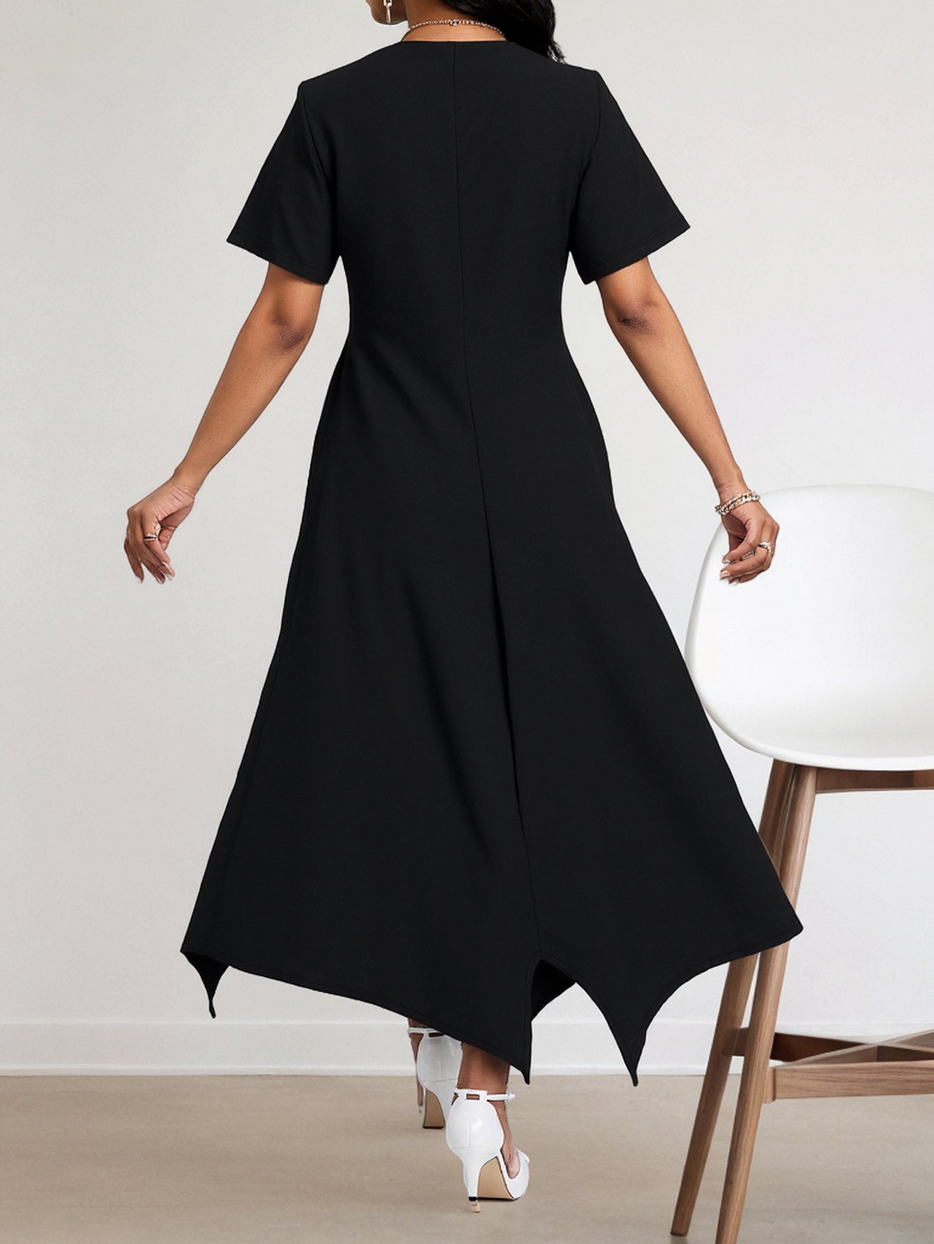 Women's Black Asymmetric Hem Midi Dress - Short Sleeve Round Neck Gold Button Detail Irregular Hem Dress - Elegant Bodycon Cocktail Dress for Office, Party & Special Occasions