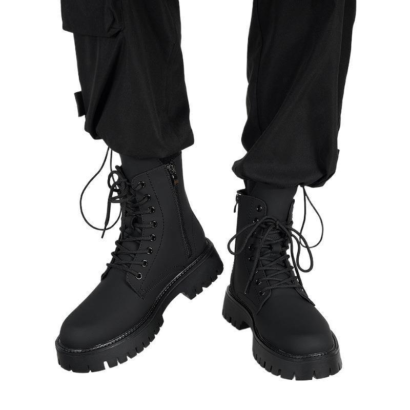 Black Combat Boots Men Women Lace Up Side Zip Platform Military Ankle Boots Matte Leather Tactical Boots