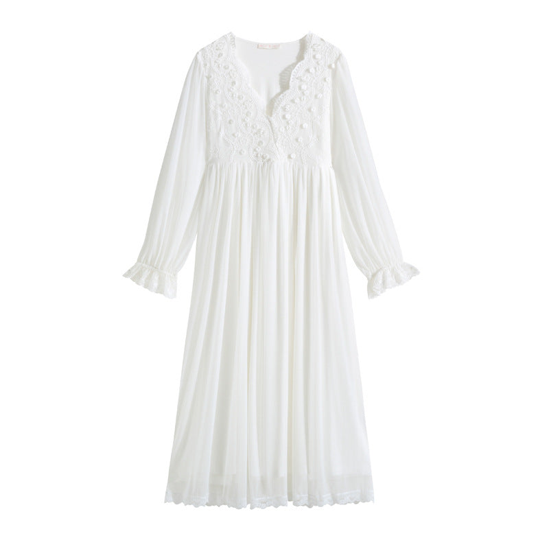 Women's White Victorian Lace Mesh Maxi Nightgown Elegant Long Sleeve Floral Applique Bridal Sleep Dress Sleepwear