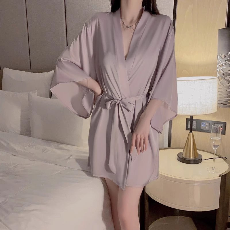 Women's Black Butterfly Lace Satin Nightgown & Robe Set | 2-Piece Halter Mini Slip Dress with Kimono Cardigan | Aesthetic Sleepwear Set