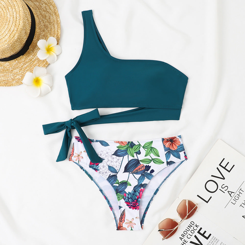 Olive Green One Shoulder Bikini Set, Wrap Tie Crop Top & High Waist Bottom, Women Solid Asymmetric Swimwear, Chic Resort Beach Swimsuit, Sage Green Two Piece Bathing Suit