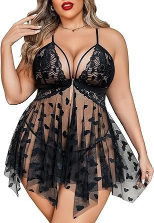 Red Heart Print Sheer Mesh Babydoll Lingerie Dress | Lace Cup Open Front Nightgown | Valentine's Day Sexy Sleepwear