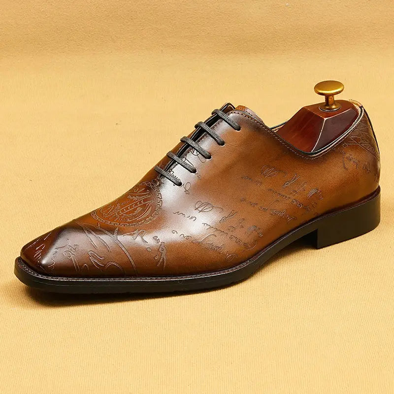 Men's Cognac Embossed Leather Oxford Dress Shoes | Handcrafted Lace-Up Formal Shoes