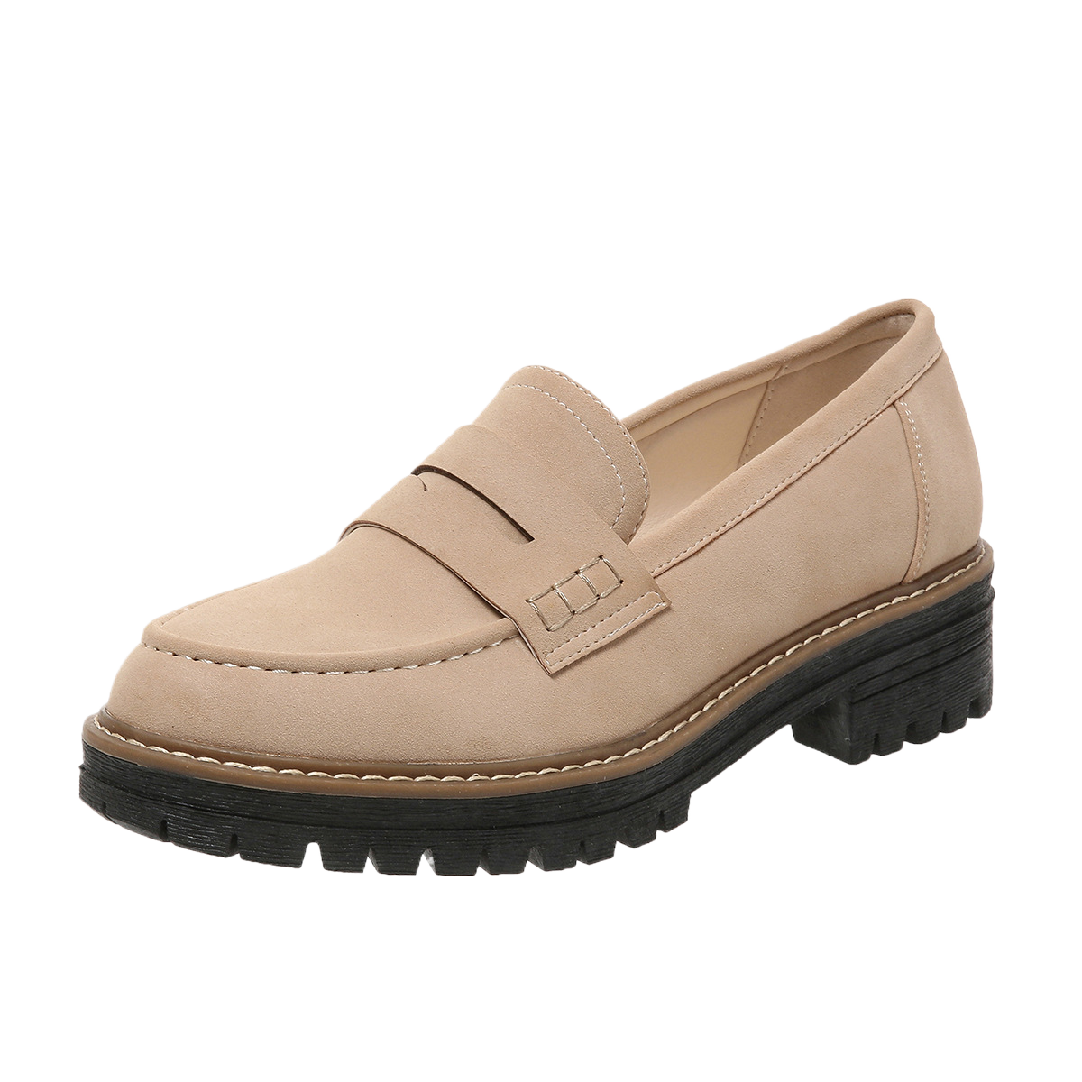 Black Suede Lug Sole Penny Loafers for Women | Chunky Platform Slip-On Loafers | Tan Welt Stitch Detail Loafers | Casual Smart Street Style Shoes