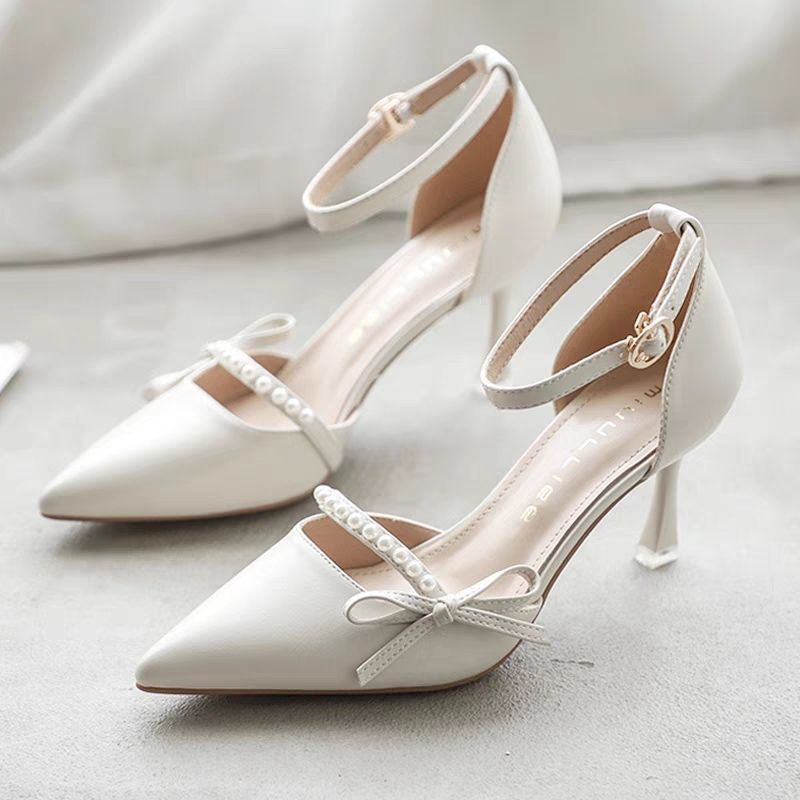 White Pearl Bow Ankle Strap Stiletto Heels | Pointed Toe D'Orsay Pumps for Women | Bridal Wedding Prom Elegant Fairy Shoes