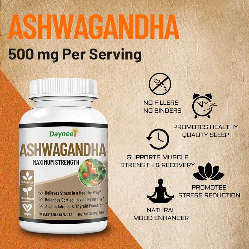 Daynee Ashwagandha Maximum Strength Capsules | Stress Relief, Cortisol Balance & Adrenal Thyroid Support | 60 Vegan Capsules