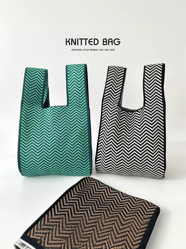 Black & White Geometric Knit Tote Bag | Aztec Pattern Wrist Handle Handbag | Boho Crochet Style Women's Bag