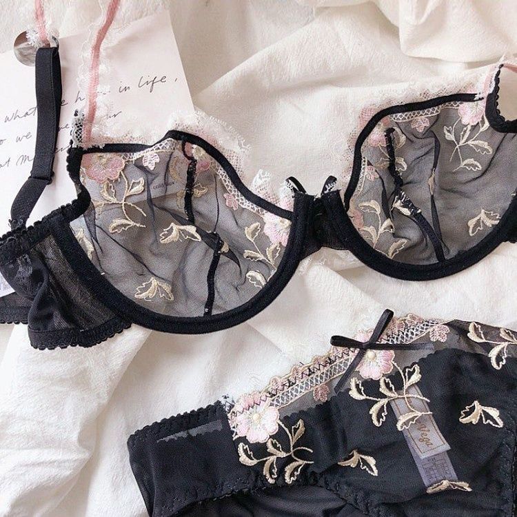 Women's Black Floral Embroidered Lace Bra and Panty Set Sexy See-Through Mesh Underwire Push Up Lingerie Set