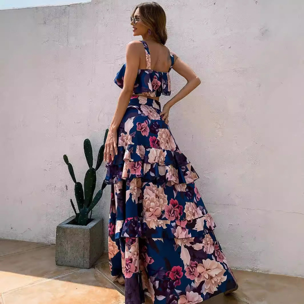 Women's 2 Piece Floral Print Crop Top & Tiered Ruffle Maxi Skirt Set - Blue Pink Spaghetti Strap Summer Boho Vacation Co-Ord Set