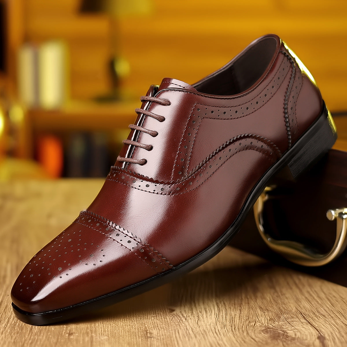 Men's Brown Leather Brogue Oxford Dress Shoes | Classic Cap Toe