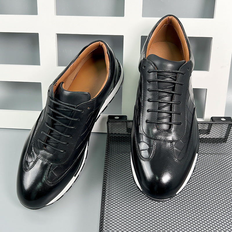 Woven Leather Sneakers for Men | Luxury Lace Up Casual Dress Shoes with White Sole