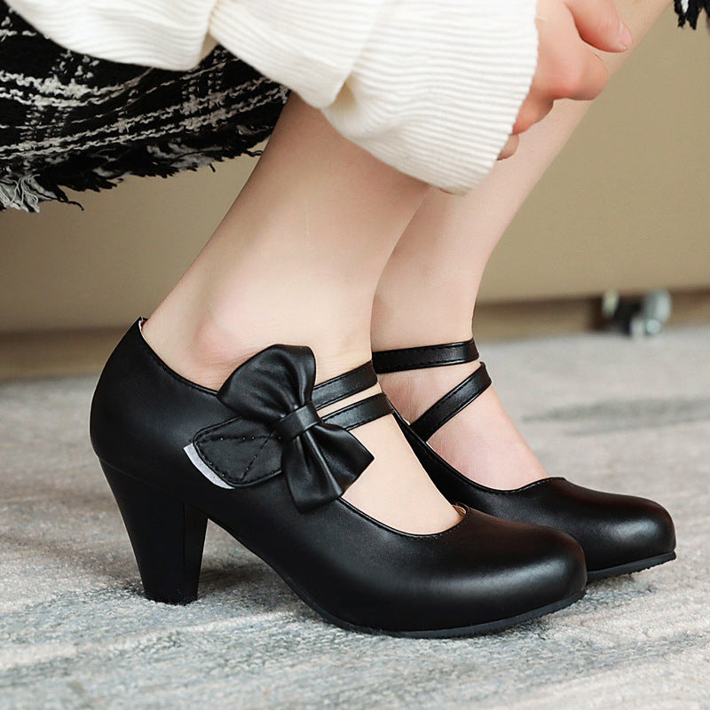 White Bow Mary Jane Block Heel Pumps | Women's Round Toe Ankle Strap Chunky Heel Shoes | Sweet Lolita Bridal Heels