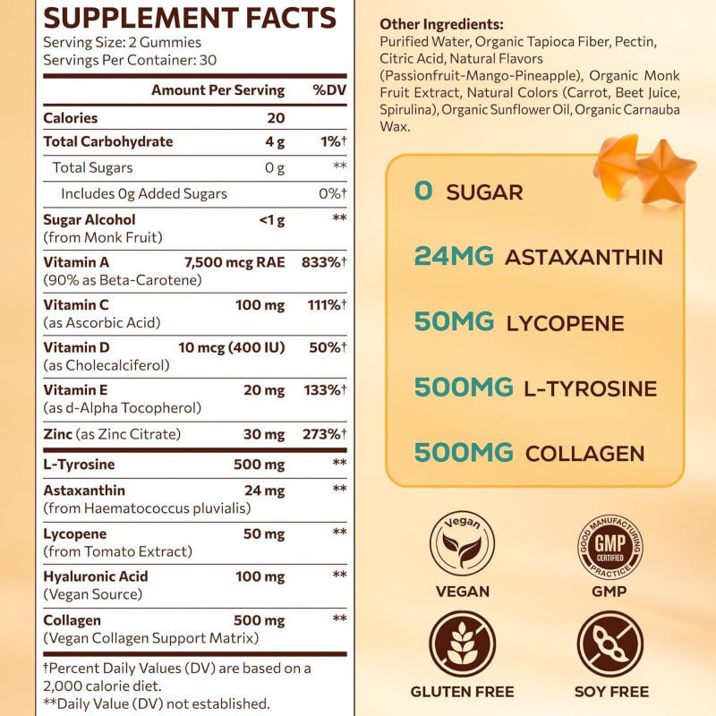 Tanning Accelerator Gummies 60 Count - Beta-Carotene, Lycopene & Astaxanthin | Sugar-Free Glow Support Supplement