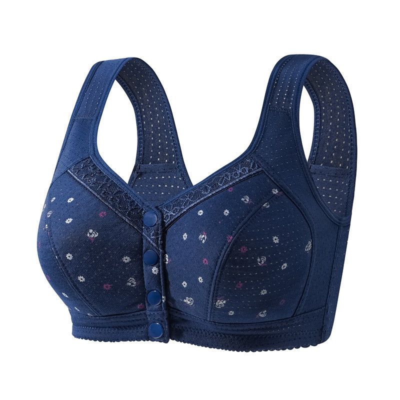 Women's Front Closure Wireless Bra | Floral Print Wide Strap Full Coverage Snap Button Bra | Comfort Bra for Seniors