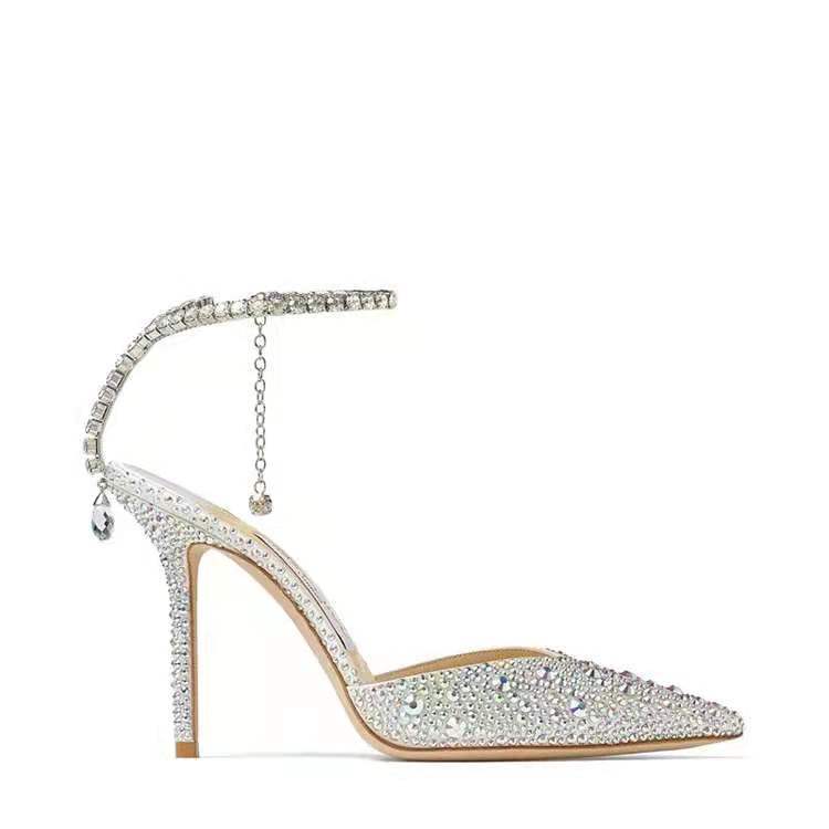 Strassbesetzte Stiletto-Pumps | Diamantketten-Knöchelriemen-Pumps mit spitzer Zehenpartie | Luxuriöse Glitzer-Hochzeitspumps für Damen 