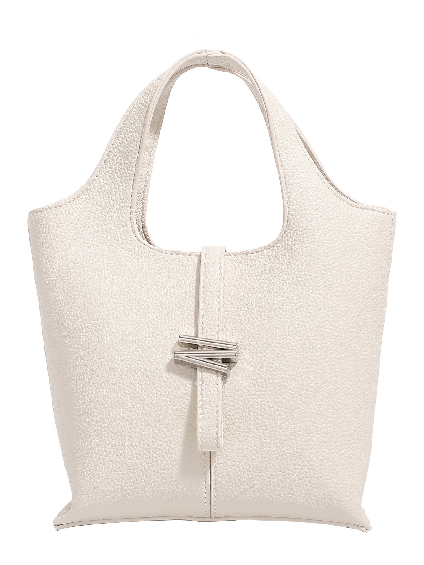 Cream Pebbled Leather Mini Tote Bag | Women's Top Handle Bucket Bag with Silver Knot Hardware Detail