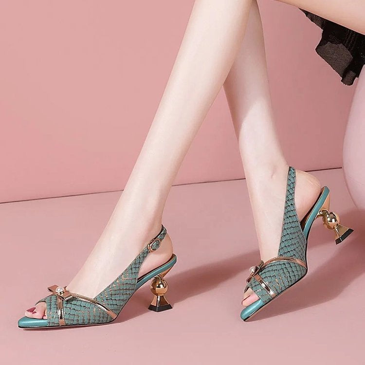 Black Snakeskin Print Bow Detail Pointed Toe Sculptural Heel Slingback Pumps | Women's Animal Print Mid Heel Court Shoes