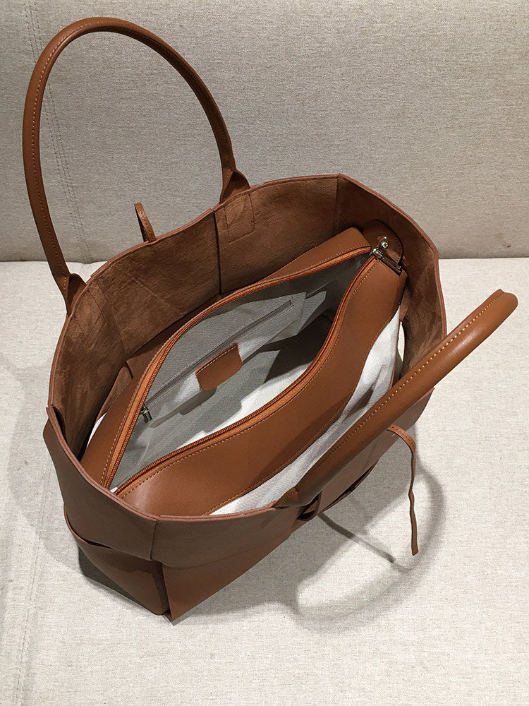 Women's Genuine Leather Woven Tote Bag - Large Intrecciato Weave Handbag in Tan Cognac Brown - Luxury Structured Top Handle Shopper Bag - Designer Inspired Everyday Work Bag