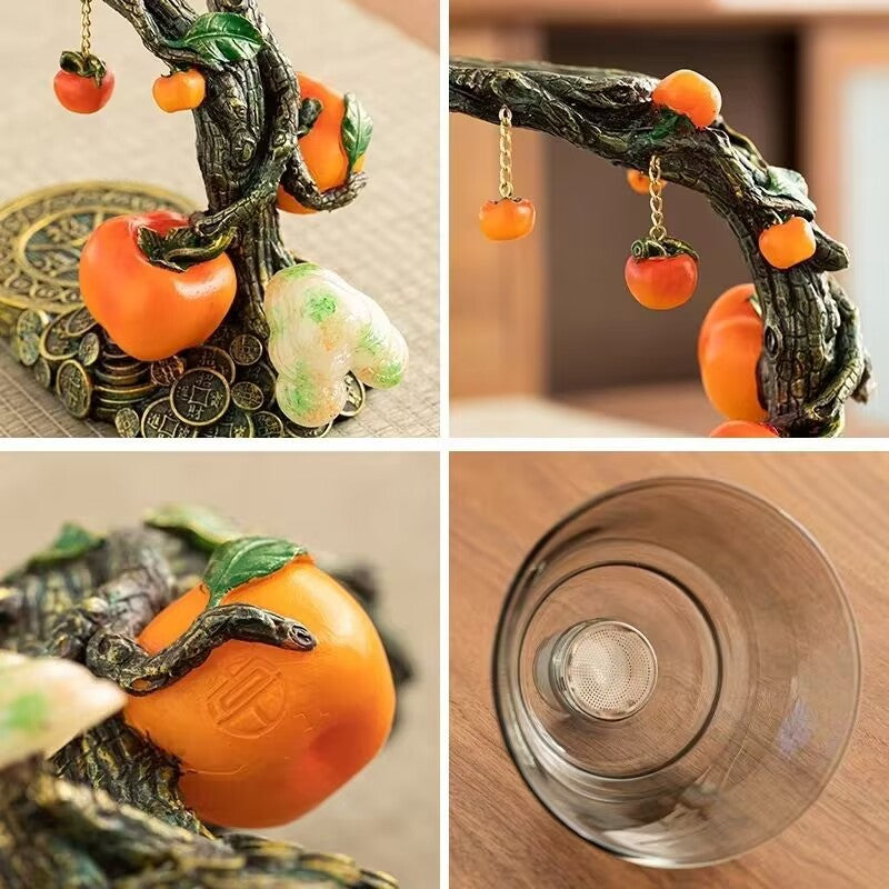 Chinese Automatic Glass Tea Set | Persimmon Tree Lucky Design | Magnetic Rotating Infuser | 6 Cups & Tea Tray | Kung Fu Gongfu Tea Ceremony Gift