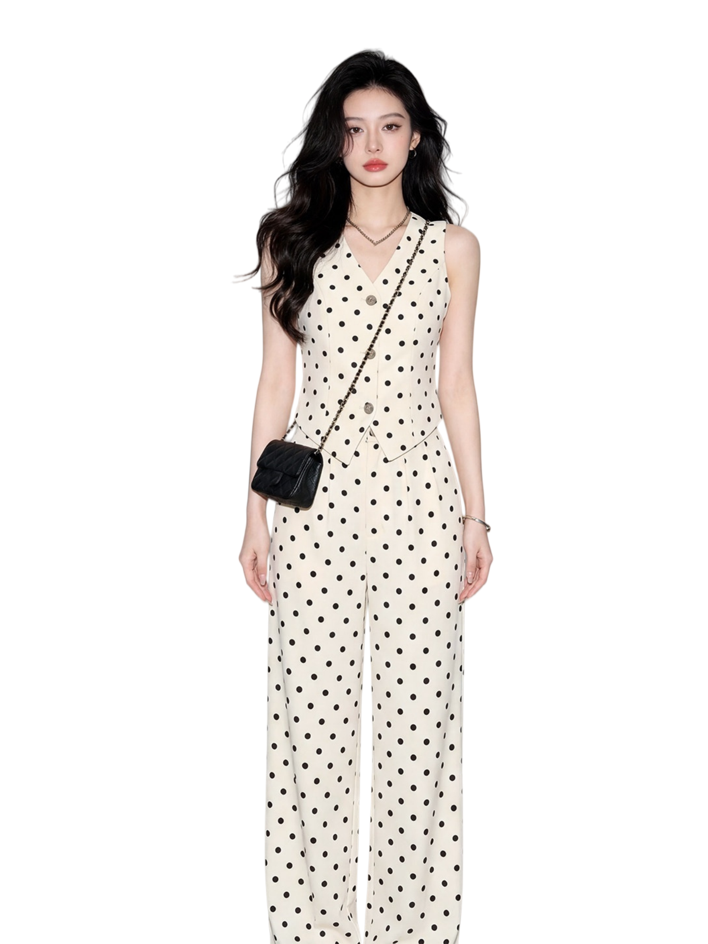 Women's Polka Dot Two-Piece Set | V-Neck Vest Top & Wide Leg Pants | Cream Black Dot Suit