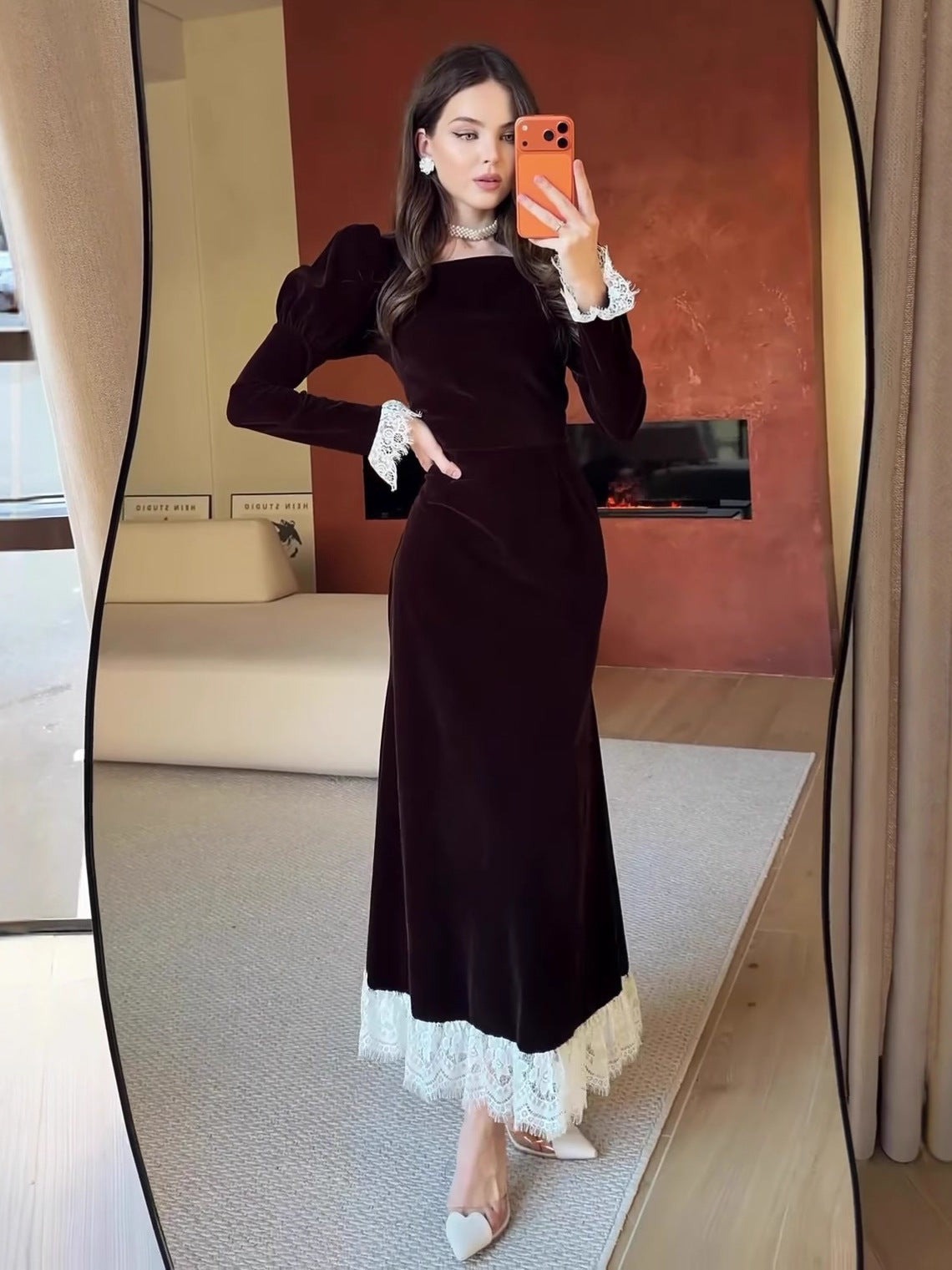 Black Velvet Maxi Dress with White Lace Cuffs & Hem | Women's Long Sleeve Square Neck Elegant Evening Gown