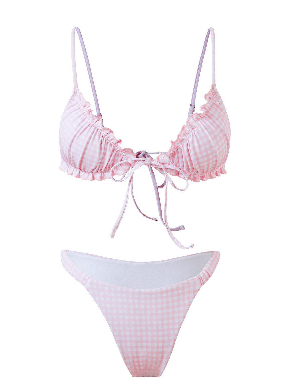 Pink Gingham Ruffle Bikini Set | Tie Front Triangle Top Cheeky Bottom Swimsuit | Women's Cute Summer Swimwear