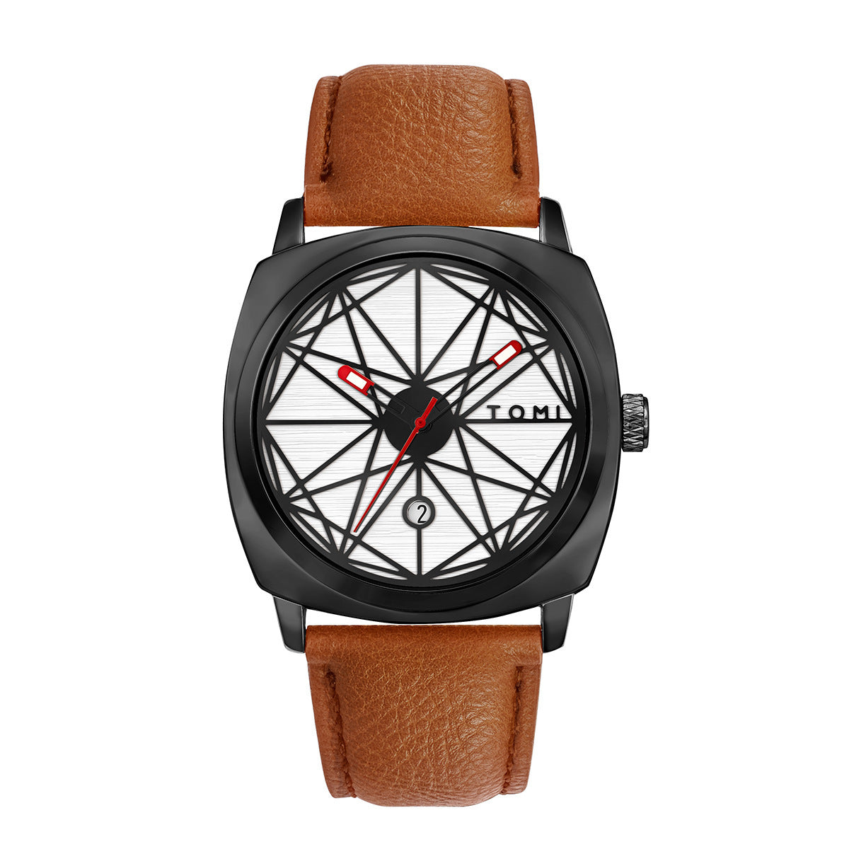 TOMI All Black Geometric Dial Men's Watch | Red Accent Hands Cushion Case Black Leather Strap Date Watch