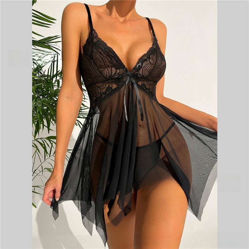Women's Lace Mesh Babydoll Lingerie Set - Sheer V-Neck Nightgown with Bow Detail | Black Green White Red