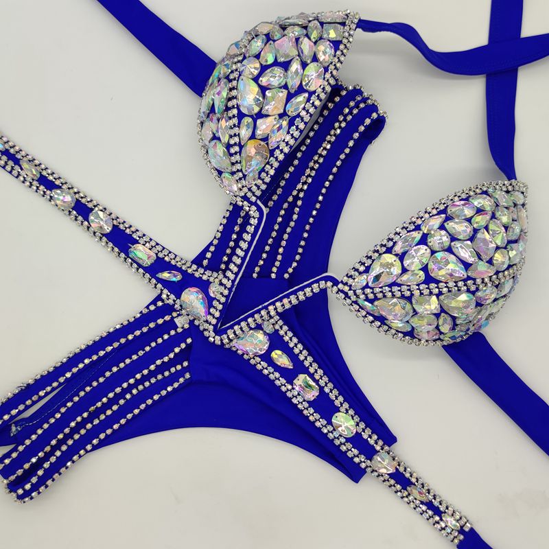 Crystal Rhinestone Bikini Set, AB Stone Competition Swimwear, Luxury Halter Bling Bikini, Women Figure Bodybuilding Suit, Royal Blue & Pink Pageant Swimsuit
