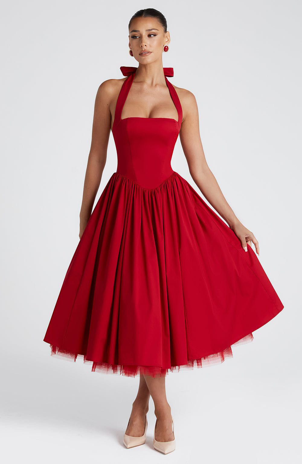 Schwarzes Neckholder-Ballkleid in Midilänge mit Tüllsaum | Vintage A-Linien-Partykleid für Damen