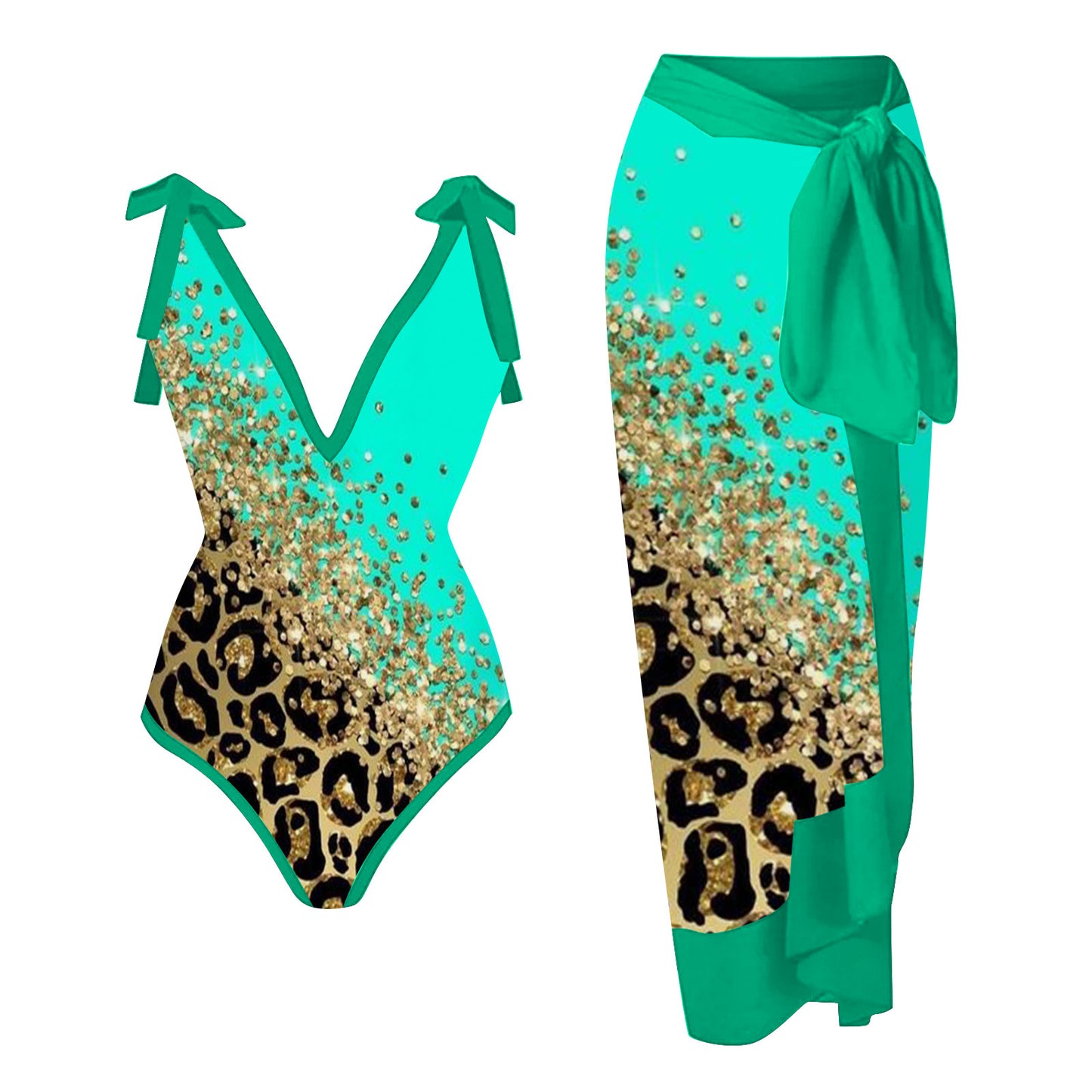 Costume Intero Leopardato Teal Oro Glitter & Set Gonna Pareo | Costume da Bagno Scollo a V Profondo con Spalline da Annodare | Set Spiaggia Due Pezzi Stampa Animale Glamour Donna