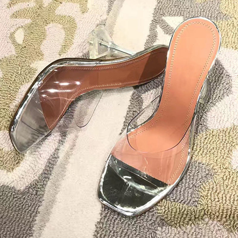Clear PVC Transparent Sculptural Flared Heel Mule Sandals | Women's Lucite Open Toe Slip-On High Heel Shoes